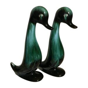 Vintage Blue Mountain Pottery Green Drip Glaze Ceramic Duck Figurines Set of 2